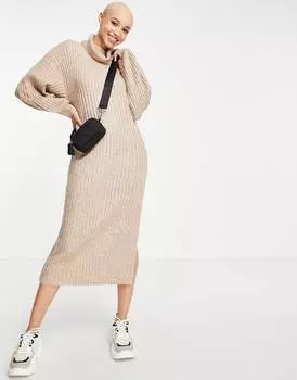 Серо-коричневое платье миди в рубчик с воротником-хомутом ASOS DESIGN