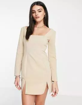 Серо-коричневое платье мини с квадратным вырезом и длинными рукавами ASOS DESIGN