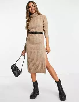 Серо-коричневое трикотажное платье миди с высоким воротником ASOS DESIGN