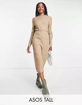 Серо-коричневое трикотажное платье миди с завязкой на талии ASOS DESIGN Tall