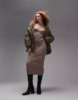 Серо-коричневое трикотажное платье миди Topshop