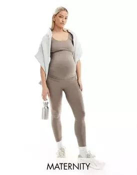 Серо-коричневые бесшовные леггинсы Mamalicious Maternity Mama.licious