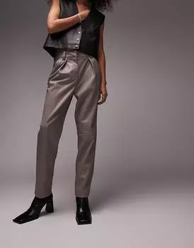 Серо-коричневые брюки с завышенной талией из искусственной кожи Topshop