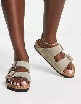 Серо-коричневые замшевые сандалии на плоской подошве Birkenstock Arizona