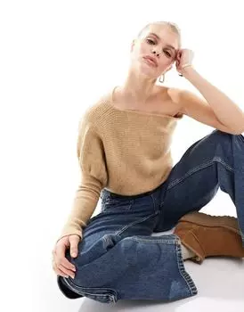 Серо-коричневый асимметричный топ крупной вязки Miss Selfridge с рукавами на одно плечо