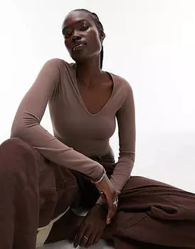 Серо-коричневый бесшовный укороченный топ с длинными рукавами и v-образным вырезом Topshop Tall