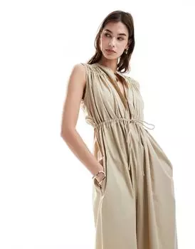 Серо-коричневый комбинезон с присборенными плечами и завязками на талии ASOS DESIGN