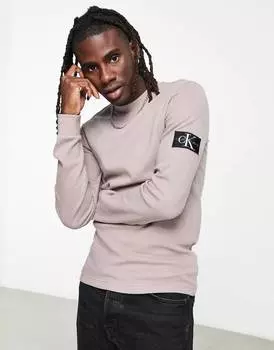 Серо-коричневый вафельный топ с длинными рукавами и логотипом Calvin Klein Jeans