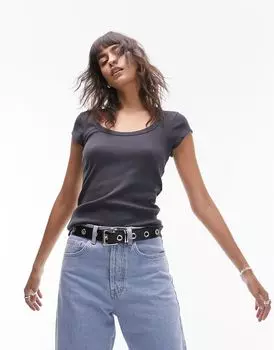 Серо-синяя футболка в рубчик с U-образным вырезом и рукавами Topshop