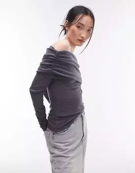 Серо-сланцевый топ с длинными рукавами и открытыми плечами Topshop