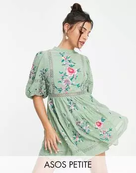 Серо-зеленое мини-платье в горошек с вышивкой и кружевной отделкой ASOS DESIGN Petite