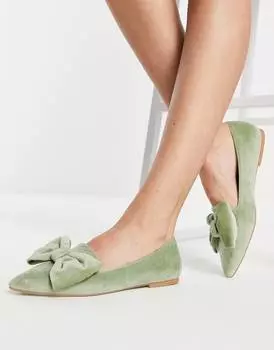 Серо-зеленые бархатные балетки с острым носком ASOS DESIGN Lake Bow