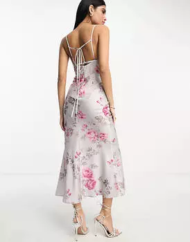 Серое атласное платье миди с глубоким вырезом и корсетом ASOS DESIGN