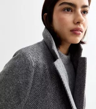 Серое длинное пальто с поясом и узором "елочка" без подкладки New Look, светло-серый