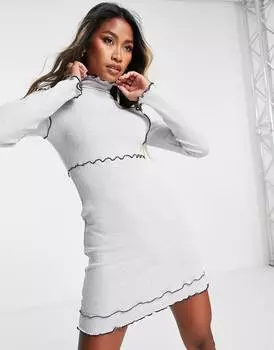 Серое контрастное трикотажное мини-платье в рубчик с открытыми швами Topshop