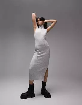 Серое меланжевое трикотажное платье макси без рукавов с разрезами по бокам Topshop