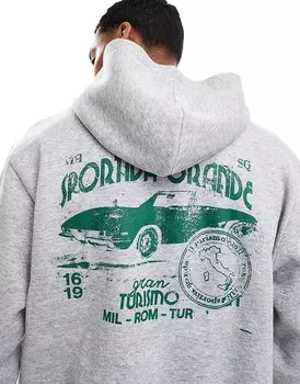 Серое объемное худи свободного кроя с автомобильным принтом ASOS DESIGN