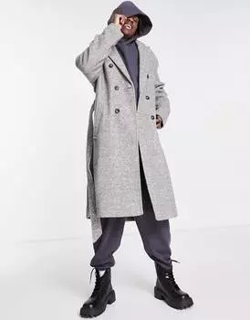 Серое пальто оверсайз с узором \"в елочку\" ASOS DESIGN