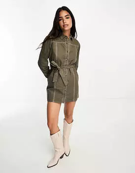 Серое платье цвета хаки с поясом и пуговицами Wednesday's Girl