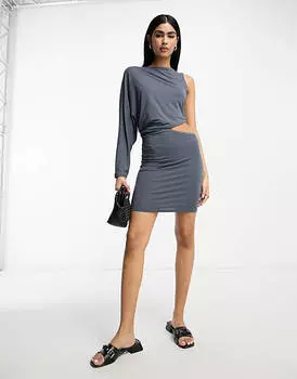 Серое платье-футболка мини с одним рукавом и вырезом на талии ASOS DESIGN