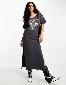 Серое платье-футболка с разрезом по низу и графикой ASOS DESIGN
