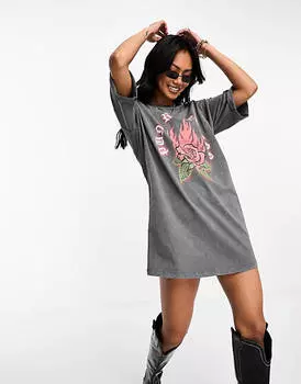 Серое платье-футболка с закатанными рукавами и серым рисунком ASOS DESIGN