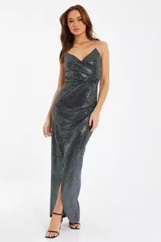 Серое платье-макси с запахом и пайетками QUIZ Clothing