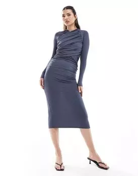 Серое платье макси в рубчик с лифом и длинными рукавами ASOS DESIGN