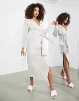 Серое платье миди из текстурированного джерси с напуском и завязками ASOS EDITION