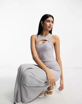 Серое платье миди в рубчик без рукавов с вырезами ASOS DESIGN
