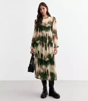 Серое платье-миди в сеточку с абстрактным принтом и длинными рукавами New Look, светло-серый