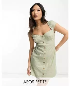 Серое платье мини на пуговицах ASOS DESIGN Petite из твила с чашечками цвета шалфея ASOS Petite