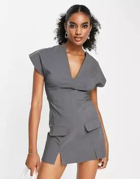 Серое платье мини с v-образным вырезом и карманом ASOS DESIGN