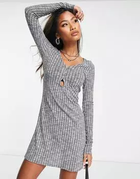 Серое платье мини в рубчик с длинными рукавами ASOS DESIGN
