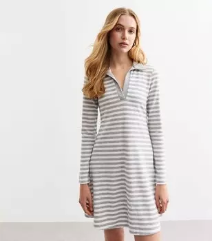 Серое полосатое трикотажное платье с воротником-поло New Look, светло-серый
