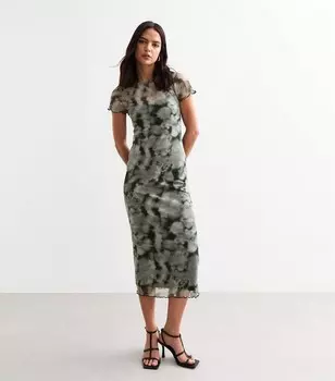 Серое сетчатое платье-миди с чернильным узором New Look, светло-серый