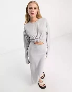 Серое спортивное платье миди с длинными рукавами и узлом ASOS