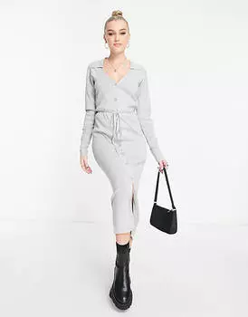 Серое трикотажное платье миди с открытым воротником и завязкой на талии ASOS DESIGN
