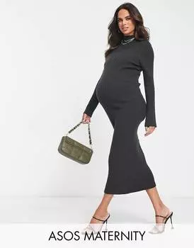 Серое трикотажное платье миди с высоким вырезом ASOS DESIGN Maternity