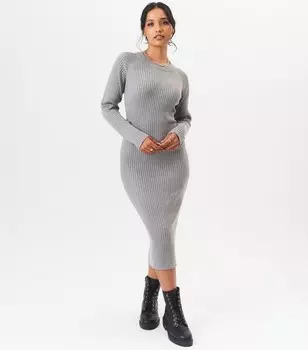 Серое трикотажное платье миди в рубчик Gini London Gini London, серый