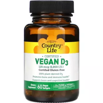 Сертифицированный веганский витамин D3, Country Life, 125 мкг (5000 МЕ), 60 мягких желатиновых капсул