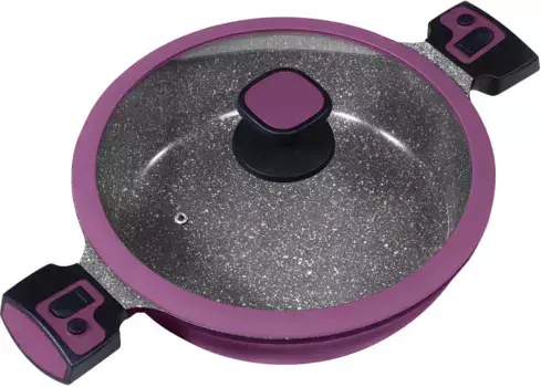 Сервировочная кастрюля KING "Click-Grip", литой алюминий, индукционная индукция, антипригарное покрытие, съемная. Ручки, стеклянная крышка, 28 см 28 см + высота 7,5 см, цвет Aubergine