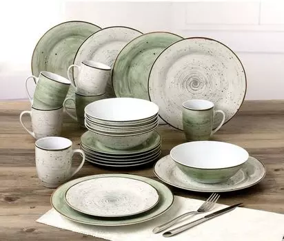 Сервировочный набор комбинированный, сервиз Pur (24 предмета), 6 персон, фарфор, ручная работа, сочетание цветов зеленый/серый Van Well