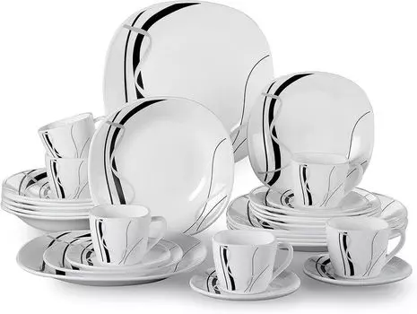 Сервиз из опалового стекла, VEWEET FIONAGLAS, набор посуды из 30 предметов: кофейные чашки, блюдце, десертная тарелка, обеденная тарелка и суповая тарелка, комбинированный сервиз на 6 персон, белый