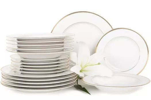 Сервиз Konsimo обеденный на 6 персон (18 эл.) "NEW HOLLIS GOLD", белый, фарфор, классика, 27 см/23 см/21 см