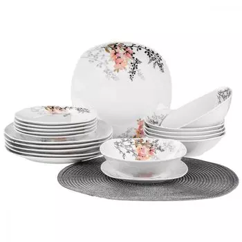 Сервиз на 18 предметов, набор столовой посуды, обеденный сервиз на 6 персон, обеденный сервиз, набор тарелок, фарфоровая азалия PRIMA DECO