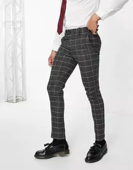 Серые элегантные брюки скинни из смесовой шерсти ASOS DESIGN в клетку
