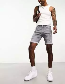 Серые джинсовые шорты узкого кроя с рваными краями Jack & Jones Intelligence