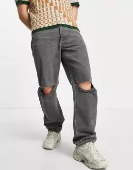 Серые джинсы прямого кроя с прорезями на коленях ASOS DESIGN