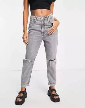 Серые джинсы с завышенной талией и рваными деталями River Island